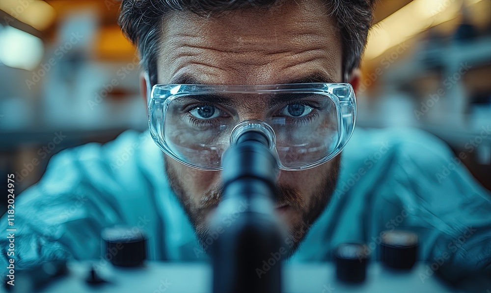 A focused scientist peers through a microscope, emphasizing research and discovery in a laboratory setting. A focused scientist peers through a microscope, emphasizing research and discovery in a laboratory setting.