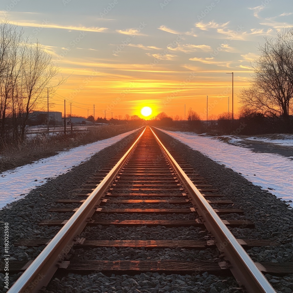 Fototapeta premium A high-angle shot of railway tracks at sunrise, symbolizing journeys and progress. Perfect for travel, transportation, and inspirational-themed projects