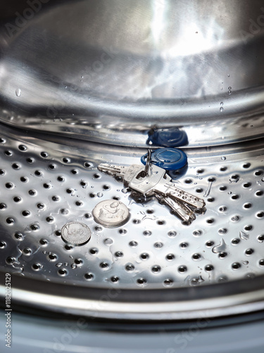 Close-up a metal objects in the washing machine that damage the washing machine if left in pockets. photo