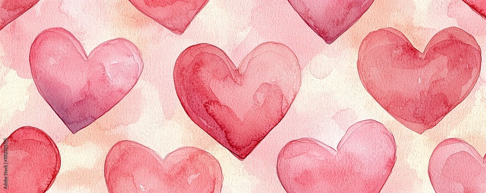 Fototapeta premium A whimsical watercolor pattern featuring various red hearts on a soft, light background, evoking feelings of love and affection.