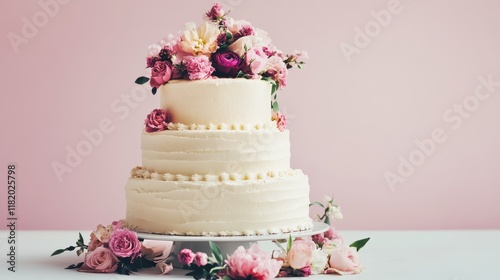 wedding cake with rose decoration with copy spase photo