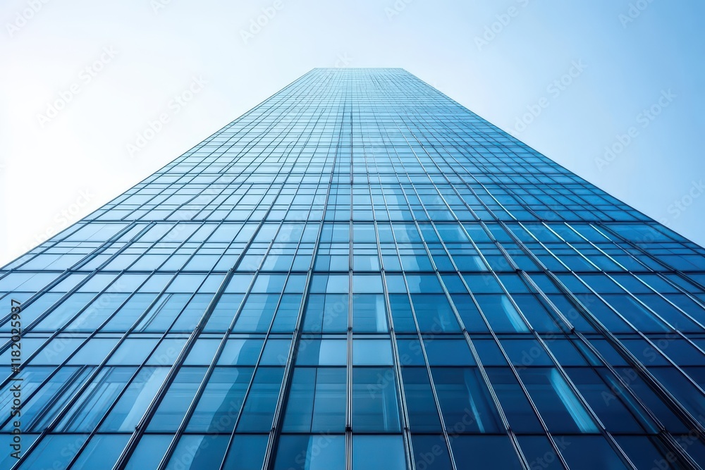 A tall glass skyscraper viewed from below against a blue sky. A tall glass skyscraper viewed from below against a blue sky.