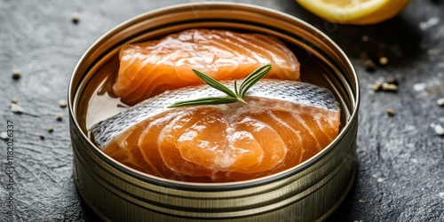 Canned fish, featuring salmon or tuna, presented in an open metal can. This studio photo showcases the enticing look of canned fish, perfect for highlighting seafood options. photo