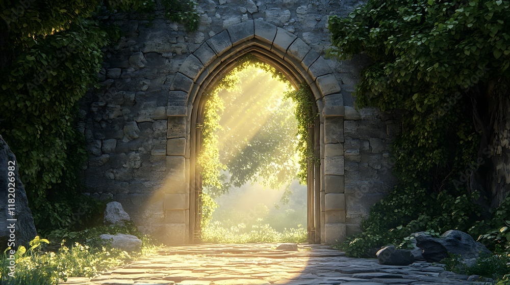 Obraz premium A Striking Representation of a Magnificent Stone Archway Portal Emitting Golden Beams of Magic in a Historic Castle Courtyard