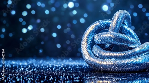 Coiled Metallic Hose on Dark Background - Abstract image of a flexible metallic garden hose coiled in a knot, symbolizing connection, complexity, resilience, potential energy, and intricate design.