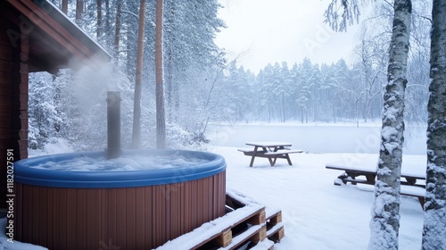 Outdoor wooden hot tub with wood stove emits smoke while a table and benches rest on snow-covered ground in a tranquil forest photo