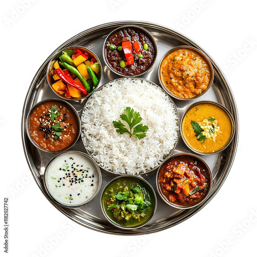A traditional Indian Thali platter featuring a variety of curries rice vegetables and chutn