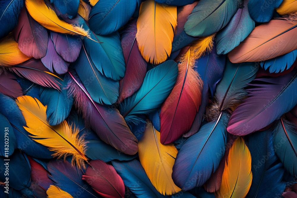 Fototapeta premium A colorful pile of feathers, each one unique in shape and color, creating an intricate pattern that is both beautiful and mysterious. 