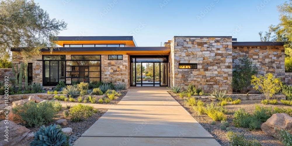 Obraz premium Colonial style house facade featuring beautiful quarry stone, showcasing a design typical of semi desert architecture. This house facade highlights the unique charm of colonial aesthetics.