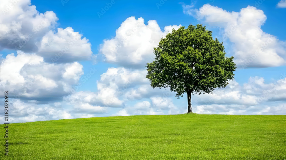 Serene landscape photo of a single tree on a grassy hill under a vibrant blue sky with fluffy white clouds; perfect for nature, environment, and tranquility themes. Serene landscape photo of a single tree on a grassy hill under a vibrant blue sky with fluffy white clouds; perfect for nature, environment, and tranquility themes.