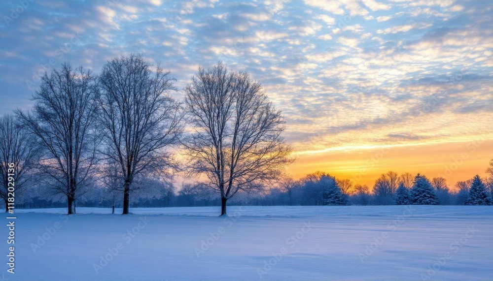 Serene winter landscape at sunset with snow-covered trees.