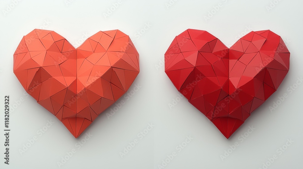 custom made wallpaper toronto digitalTwo geometric hearts in orange and red, showcasing a modern, artistic design with a low-poly style, perfect for Valentine's Day or romantic themes.
