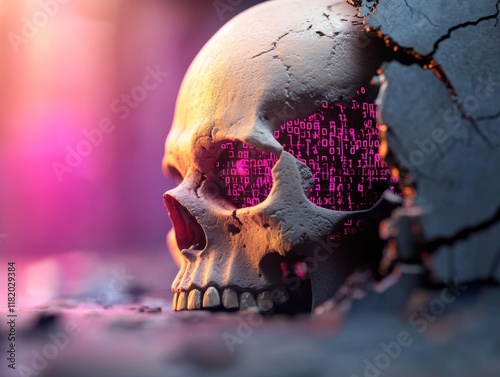 A cracked skull glows with digital patterns, merging themes of mortality and technology in a visually striking composition. photo