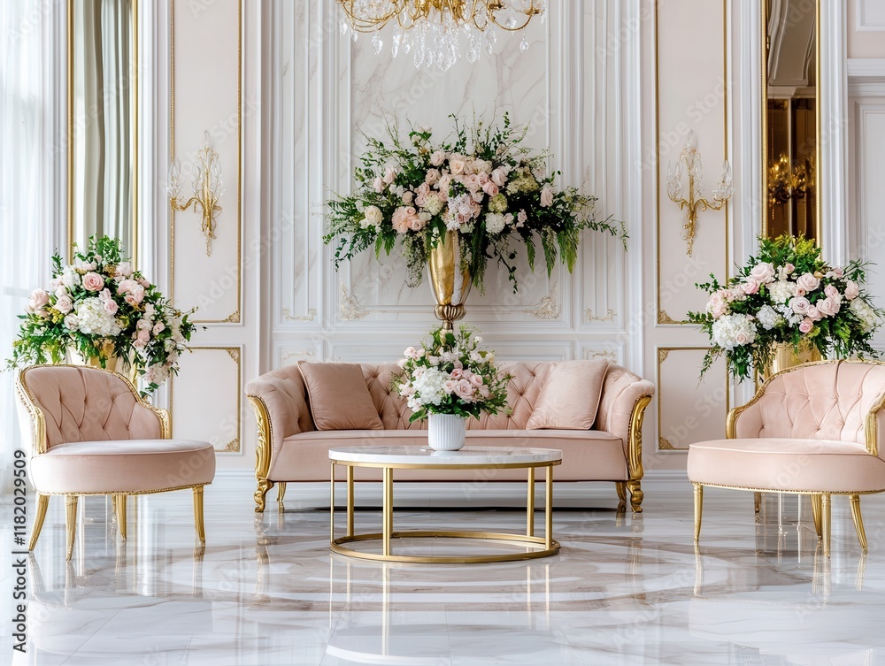 Fototapeta premium Luxurious neoclassical interior with pastel and gold accents