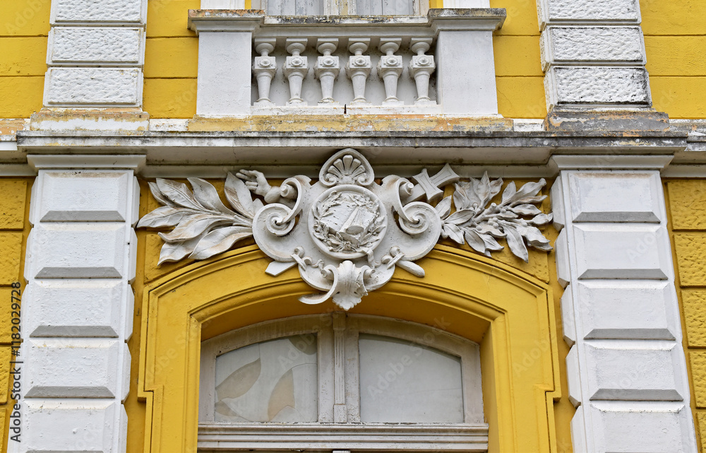 Yellow house facade decorative details in Petropolis, Rio de Janeiro, Brazil