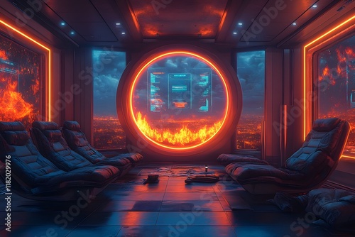 A futuristic living room with a glowing floating fireplace, a VR headset projecting games on a holographic wall—perfect for marketing smart home tech or VR devices, highlighting innovation. photo