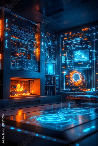 A futuristic living room with a glowing floating fireplace, a VR headset projecting games on a holographic wall—perfect for marketing smart home tech or VR devices, highlighting innovation. photo