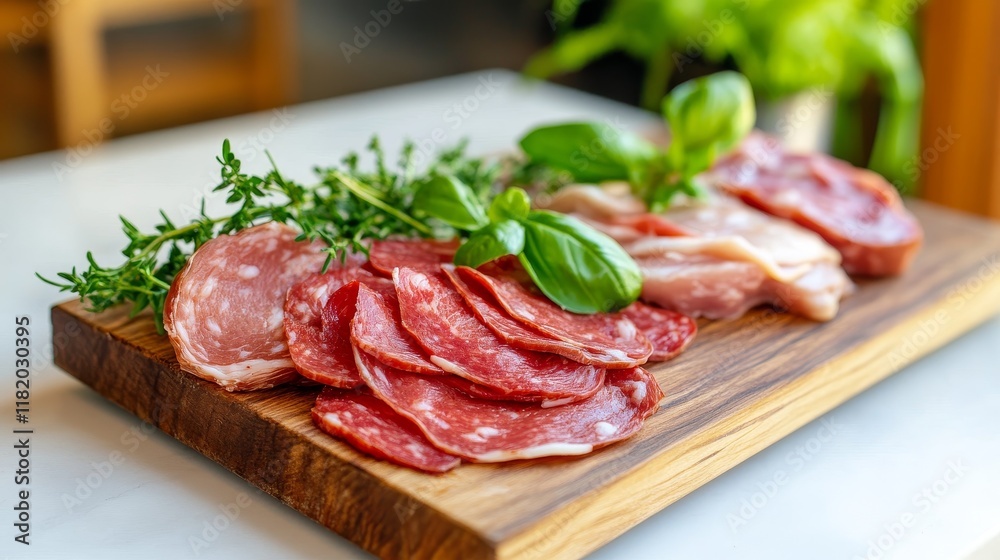 Delicious Charcuterie Board - Gourmet cured meats, fresh herbs, savory flavors, Italian style, appetizer. Delicious Charcuterie Board - Gourmet cured meats, fresh herbs, savory flavors, Italian style, appetizer.