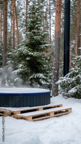 Outdoor wooden hot tub with wood stove emits smoke while a table and benches rest on snow-covered ground in a tranquil forest photo