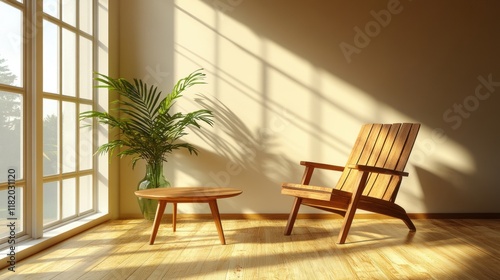 Cozy sunlit interior with wooden furniture and indoor plant