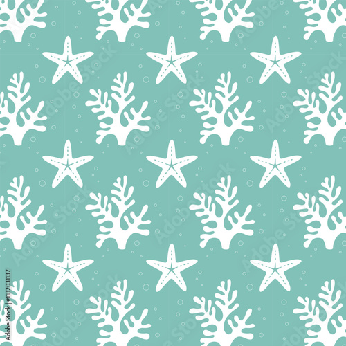 Sea turquoise pattern with white corals and starfish silhouette. 