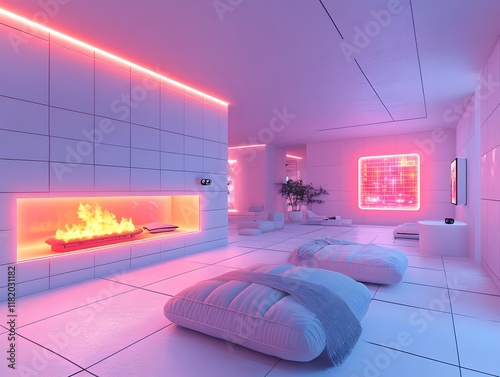 A futuristic living room with a glowing floating fireplace, a VR headset projecting games on a holographic wall—perfect for marketing smart home tech or VR devices, highlighting innovation. photo