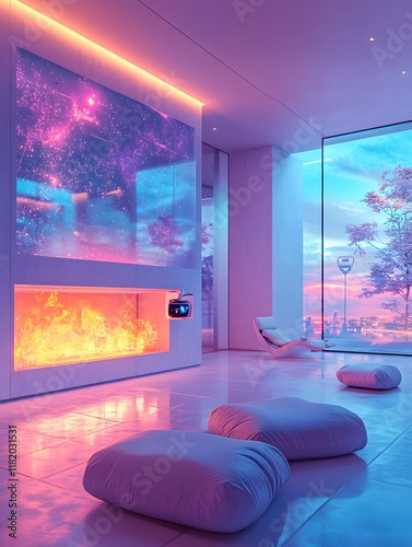 A futuristic living room with a glowing floating fireplace, a VR headset projecting games on a holographic wall—perfect for marketing smart home tech or VR devices, highlighting innovation. photo