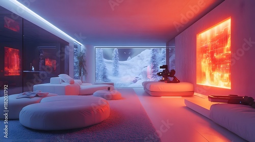 A futuristic living room with a glowing floating fireplace, a VR headset projecting games on a holographic wall—perfect for marketing smart home tech or VR devices, highlighting innovation. photo