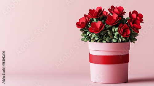 Wallpaper Mural 3d render A charming arrangement of red flowers in a pink pot, accented with a ribbon, against a soft pink background. Torontodigital.ca