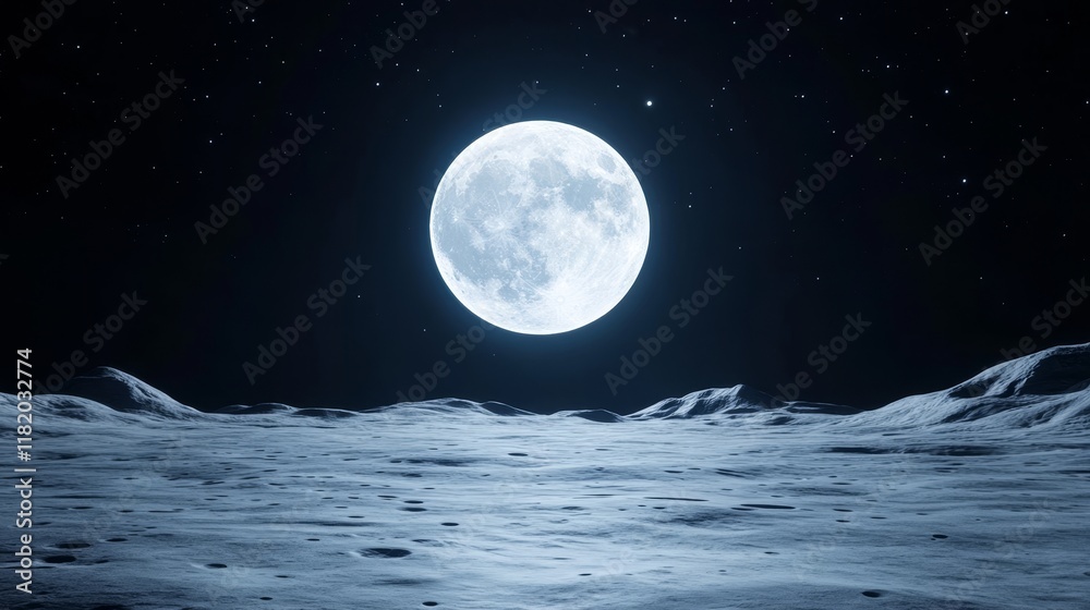 Enchanting Full Moon Rising Over Lunar Surface - Mystical full moon illuminating a desolate lunar landscape, symbolizing serenity, mystery, exploration, vastness, and cosmic wonder. Enchanting Full Moon Rising Over Lunar Surface - Mystical full moon illuminating a desolate lunar landscape, symbolizing serenity, mystery, exploration, vastness, and cosmic wonder.