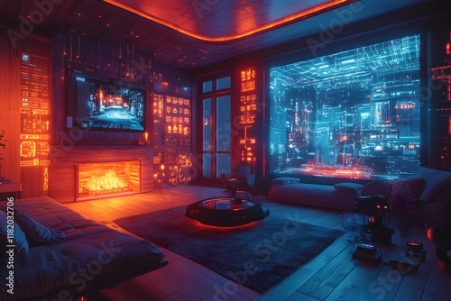 A futuristic living room with a glowing floating fireplace, a VR headset projecting games on a holographic wall—perfect for marketing smart home tech or VR devices, highlighting innovation. photo