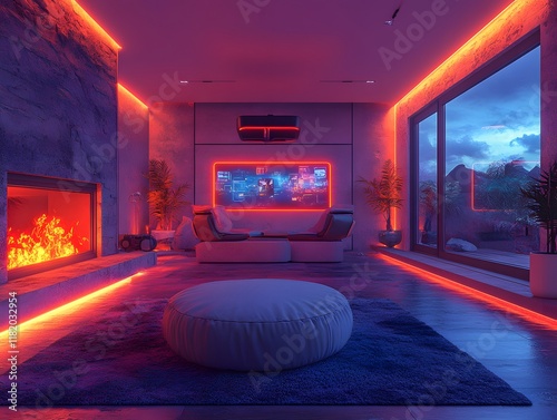 A futuristic living room with a glowing floating fireplace, a VR headset projecting games on a holographic wall—perfect for marketing smart home tech or VR devices, highlighting innovation. photo