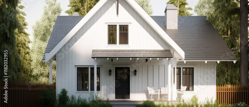 modern farmhouse featuring a large front porch, white wood siding, and black window frames