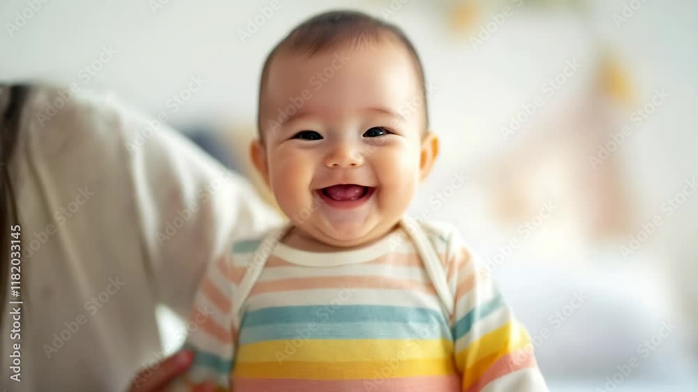 A cheerful baby dressed in a striped outfit beams with happiness while playing at home. Surrounded by a warm and inviting atmosphere, the playful setting enhances the joyful moment. A cheerful baby dressed in a striped outfit beams with happiness while playing at home. Surrounded by a warm and inviting atmosphere, the playful setting enhances the joyful moment.