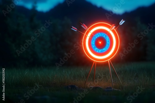 Glowing Neon Archery Target in Nighttime Landscape photo