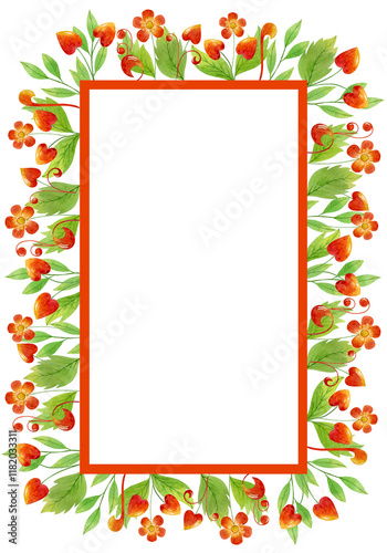 A frame with watercolor berries, hearts and leaves. Design elements, border. For the design of websites, flyers, advertisements, invitations, postcards.	