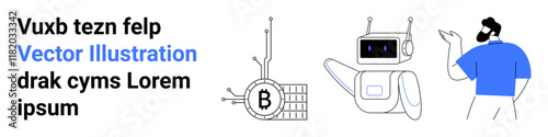 Man gesturing with a blue shirt, robot with digital display, Bitcoin circuit network. Ideal for technology, cryptocurrency, blockchain, fintech, robotics, digital innovation, modern websites. Landing