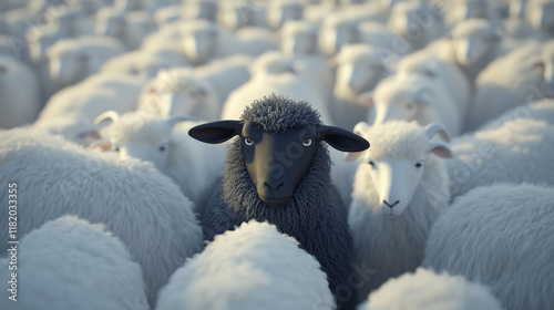 Cartoon-style black sheep in a herd of white sheep. Concept of standing out and courage.