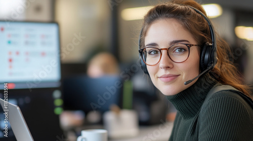 French woman in military uniform and headset working with a laptop at control room