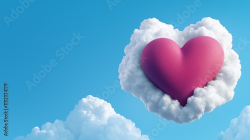 A vibrant pink heart nestled in fluffy clouds against a bright blue sky, symbolizing love and positivity.