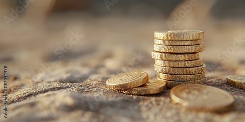 Stacked Gold Coins on a Textured Surface in Nature photo