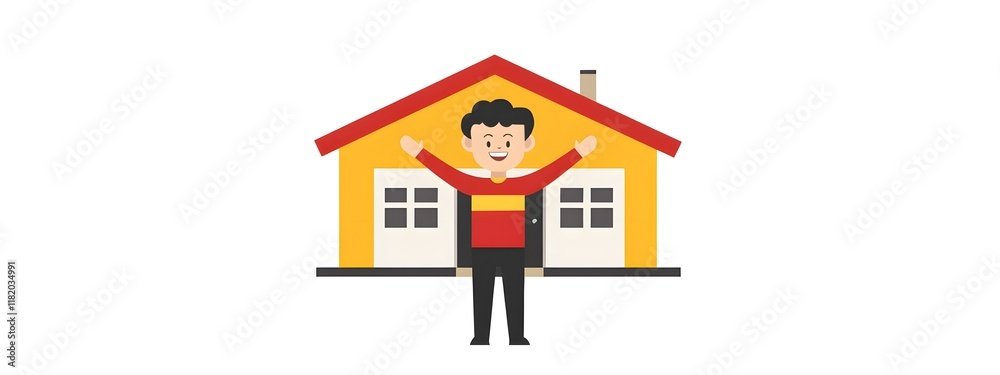 Flat vector logo of red house with man standing next to it, simple minimalistic style Flat vector logo of red house with man standing next to it, simple minimalistic style