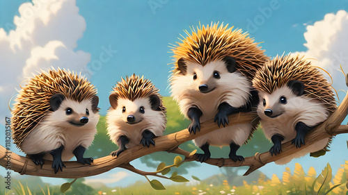 Hedgehog group of four, observing something  from a branch.  photo