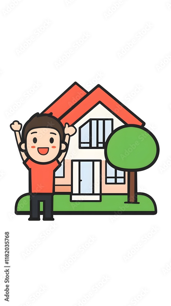 Flat vector logo of red house with man standing next to it, simple minimalistic style Flat vector logo of red house with man standing next to it, simple minimalistic style