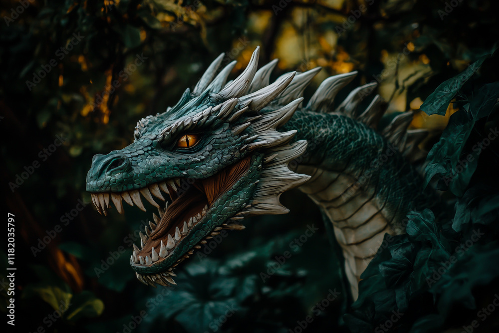 A fierce green dragon with white scales and sharp teeth is majestically depicted in a lush, enchanted forest, surrounded by towering trees and sunlight. A fierce green dragon with white scales and sharp teeth is majestically depicted in a lush, enchanted forest, surrounded by towering trees and sunlight.