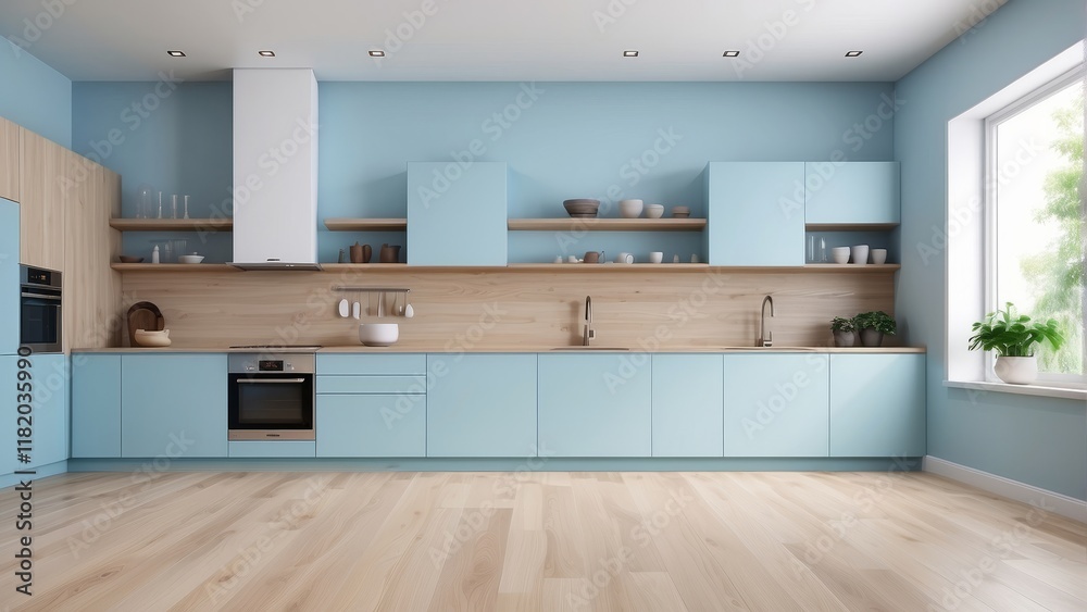Fototapeta premium kitchen room interior, Pale Blue wall background and wood floor, minimalist style