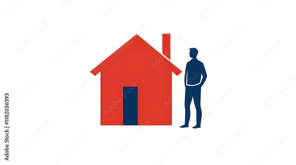 Flat vector logo of red house with man standing next to it, simple minimalistic style