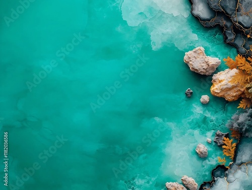 Luxurious agate background with soft ethereal turquoise and charcoal tones accented by glimmering gold veins heightened clarity and color a mesmerizing neo impressionist style natural landscape photo