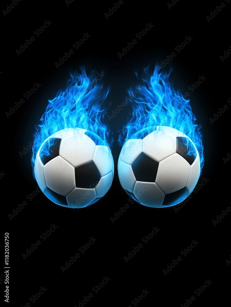 Fototapeta premium Fiery Soccer Showdown - Two soccer balls engulfed in blue flames, symbolizing passion, competition, intensity, speed, and victory.