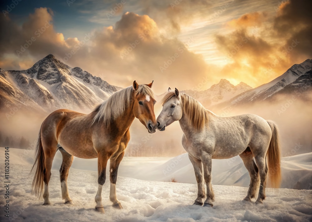 Fototapeta premium Romantic Winter Horses: A Vintage-Style Equestrian Love Story